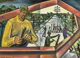 Nigel Brown, Carving the Life Tree, oil on canvas, diptych