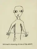 Michael’s drawing of one of the aliens by Ronnie van Hout, embroidery on cotton, offered Feb 2016