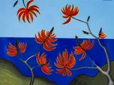 Don Binney, Red Flax Flowers, acrylic on paper