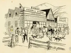 Russell Clark, Country Streetscene, indian ink on paper mounted on card