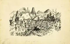 Russell Clark, NZ Listener illustration - Country Church Gathering, Indian ink on paper mounted on card