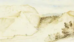 John Kinder, Wairoa near Tarawera, Gully Leading to the Lake, January 1858, graphite, ink and wash over two joined sheets