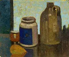 John Weeks, Still Life with Bottle and Jar, tempera on paper