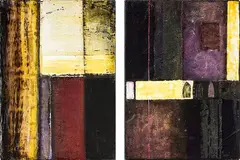 Lorraine Rastorfer, Tales of a Geomantic, mixed media on wooden panel, diptych