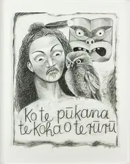 Ko te pūkana te koha o te ruru by Robyn Kahukiwa, graphite on paper, offered Nov 2015