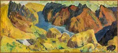 Toss Woollaston, Lake Wakatipu and Environs from Coronet Peak Car Park, oil on board