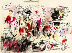 Piera McArthur, Bacchus Imbibing with Heavenly Consort, mixed media on paper