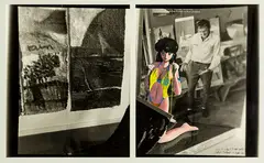 Matthew Couper, Colin McCahon and Te Papa Curator, digital print with applied gouache