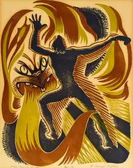 Ernest Mervyn Taylor, Maui Taming the Sun, three colour linocut, edition of 40