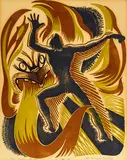 Ernest Mervyn Taylor, Maui Taming the Sun, three colour linocut, edition of 40