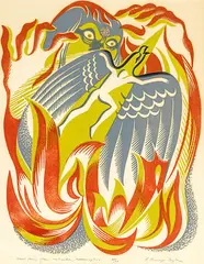 Ernest Mervyn Taylor, Maui fleeing from Mahuika, Goddess of Fire, colour lithograph, edition of 24