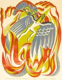 Ernest Mervyn Taylor, Maui fleeing from Mahuika, Goddess of Fire, colour lithograph, edition of 24