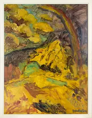 Toss Woollaston, Rainbow in Riwaka, oil on board, 1977