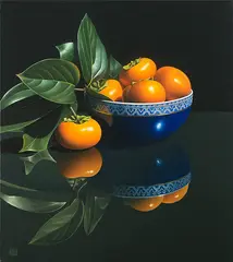 Ken Beatson, Persimmons in Oriental Bowl, acrylic on canvas