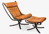 Sigurd Ressel for Vatne Mobler, Vintage falcon chair and matching ottoman in brown leather upholstery