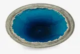 Crater Lake bowl by Len Castle, with alkaline blue glaze to the well and textured sculptured cavetto, sold Mar 2015