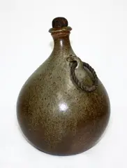 Lawrence Ewing, Bottle vase, with ash glaze, original cork stopper and rope handle