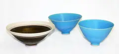 Linda Forrest, A porcelain bowl, together with two barium blue glazed bowls