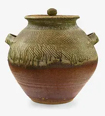 Large lidded wood fired floor vase by Chester Nealie, with strap handles, sold Mar 2015