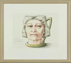 Self Portrait as a Doulton Mug by Mary McIntyre, pencil and pastel on paper, offered Feb 2015
