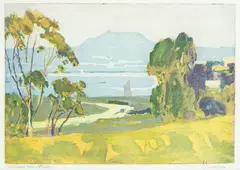 John Weeks, Auckland from Northcote, woodblock print