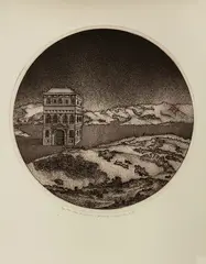 Otago Peninsula and Building by Barry Cleavin, etching, edition of 30, sold Feb 2015