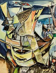 Rudolf Gopas, Sailing boats leaving the port, watercolour and gouache on paper