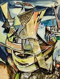 Rudolf Gopas, Sailing boats leaving the port, watercolour and gouache on paper