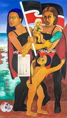 Two Hina Supa Heroes by Robyn Kahukiwa, oil and alkyd oil on canvas, offered Oct 2014