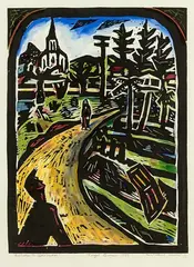 Nigel Brown, Return to Jerusalem, hand coloured woodcut, 2/20