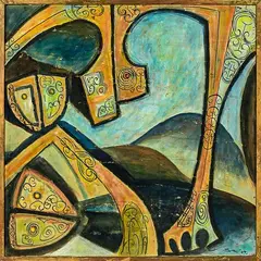 Selwyn Muru, Untitled – Maori forms, acrylic and watercolour on distressed card