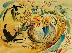 Gabrielle Hope, Still life with cat, watercolour