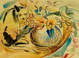 Gabrielle Hope, Still life with cat, watercolour