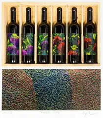Karl Maughan, A box set of five bottles Christensen Estate Waiheke Island Merlot, each with original painted labels,375/1000 sold together with a limited edition screenprint ‘Forest Road’ 19/250