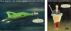 Matt Hunt, The Angel of Hong Kong Phooey and World Bank Wankers Hell!!, oil on board, diptych