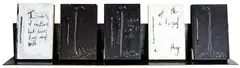 L. Budd, Calibre Studies, mixed media, five found books and metal shelf
