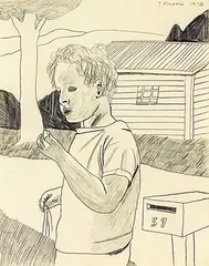 Boy with mail box by Jeffrey Harris, pencil on paper, sold Mar 2014