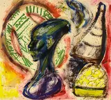 Annette Isbey, Still Life with African Mask, mixed media on paper