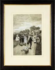 Harry Linley Richardson, The playful children just let loose from school, bodycolour and wash on paper