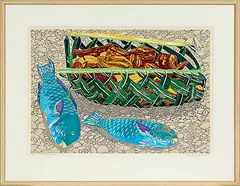 Parrot fish and kumara by Tom Burnett, colour lithograph, 43/140, sold Mar 2014