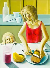 Michael Smither, Harry and Sarah at Breakfast with Jam Pot, oil on board
