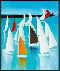 Michael Smither, Boats on the Harbour, New Plymouth, oil on jute on board