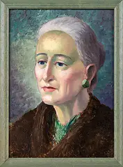 Anna Lois White, Portrait of an Elderly Lady with Green Earrings, oil on board