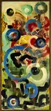 Kase Jackson, Red, Blue and Gold, oil on board