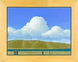 Brent Wong, Clouds, Headland – Field with Posts, oil on board