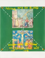 None are So Blind by John Reynolds, tissue, oil crayon and pins on canvas, sold Aug 2013