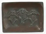 Japanese pressed metal tray, 20th century, decorated with the three monkeys ‘hear no evil, see no evil, speak no evil’