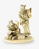 Meiji period (1868-1912) by Japanese ivory okimono, carved as two men drinking sake dressed like bijin, sold Jul 2013
