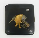 Japanese iron cigarette case, early 20th century, with silver and gilt inlaid of a tiger under the moon