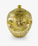 Small Japanese Satsuma lidded jar, signed Hankinzan, Meiji period (1868-1912), finely painted with ‘the thousand butterflies’ design and two figural panels
